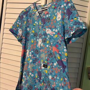 Koi Blue Rabbit and Floral Print Easter Scrub Top